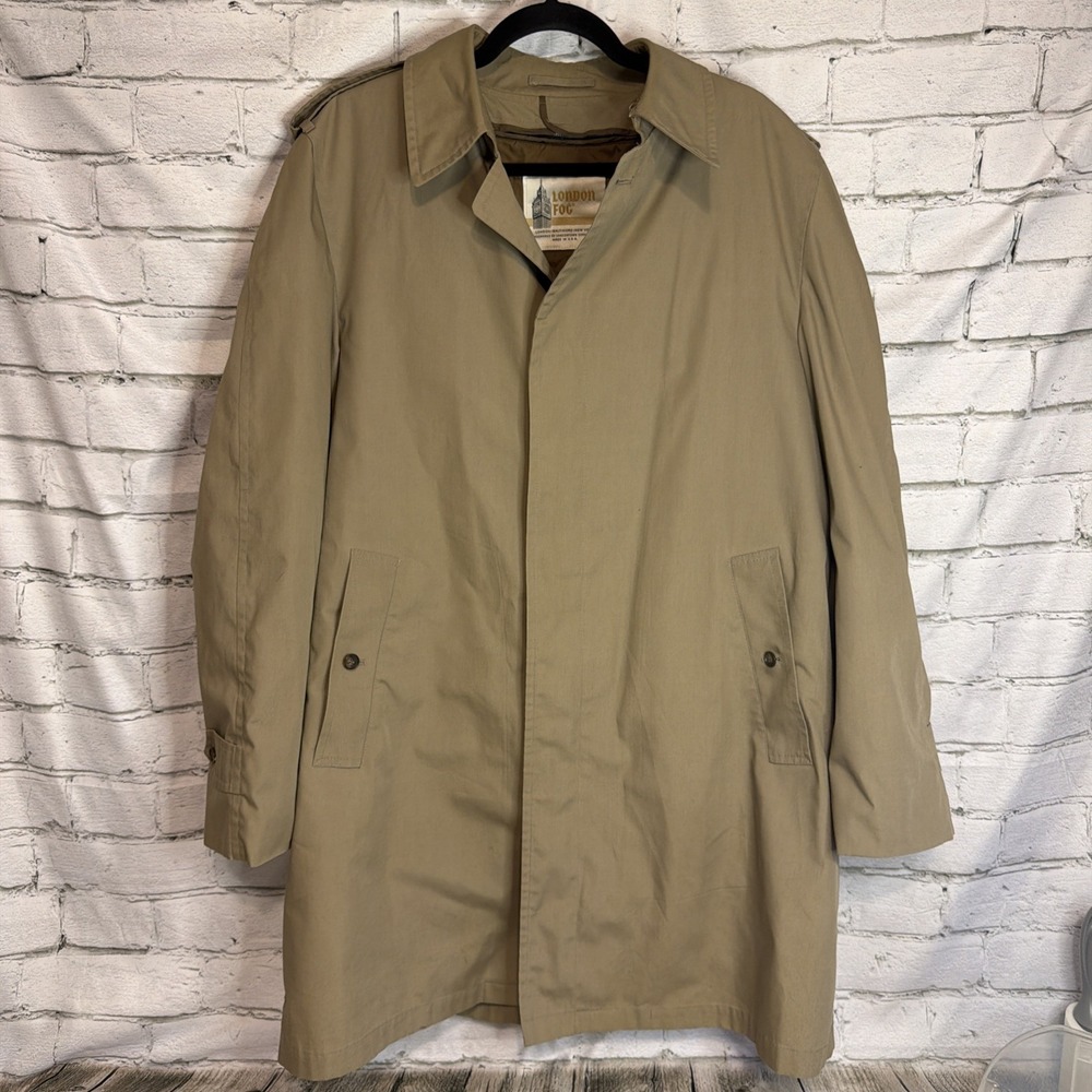 VTG London Fog Maincoats Poly Cotton Trench Coat Khaki Zip Liner Mens 42 long